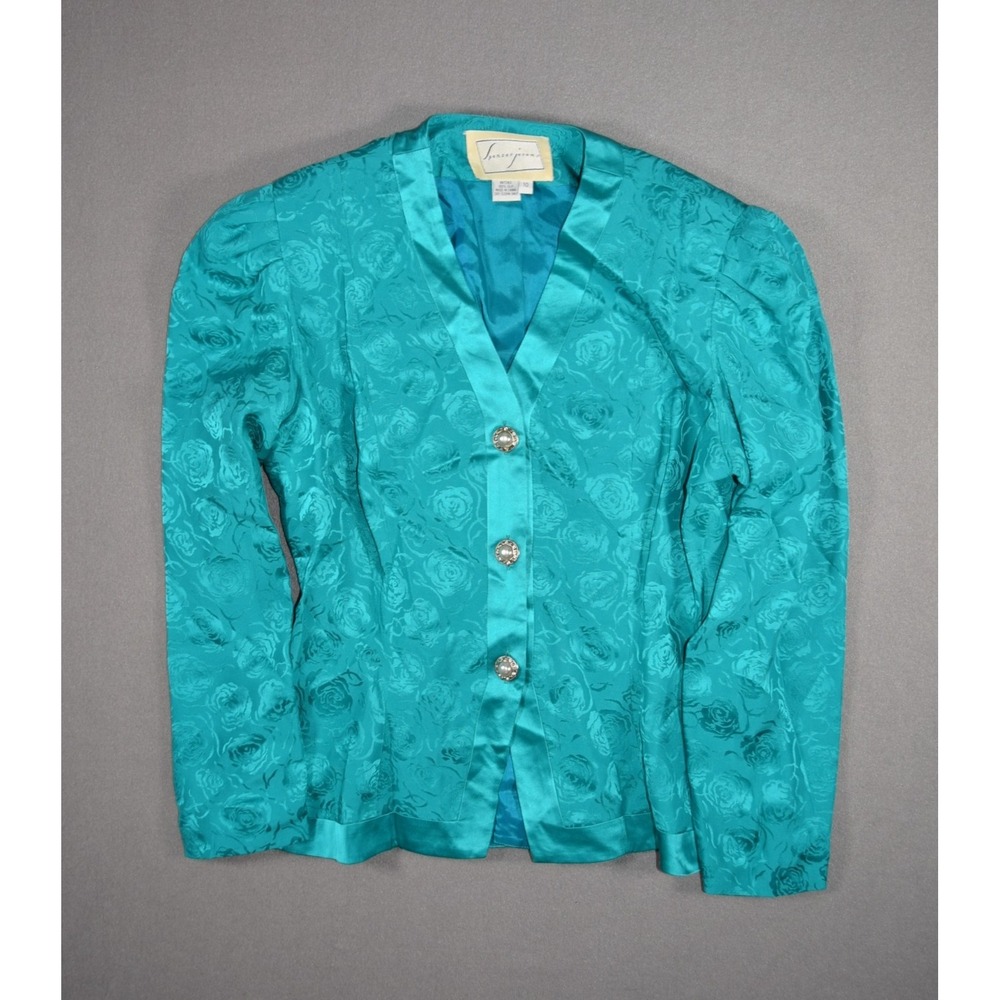 Spenser Jeremy Top Womens 10 Blue Silk Floral V Neck Puff Sleeve Formal Blouse
